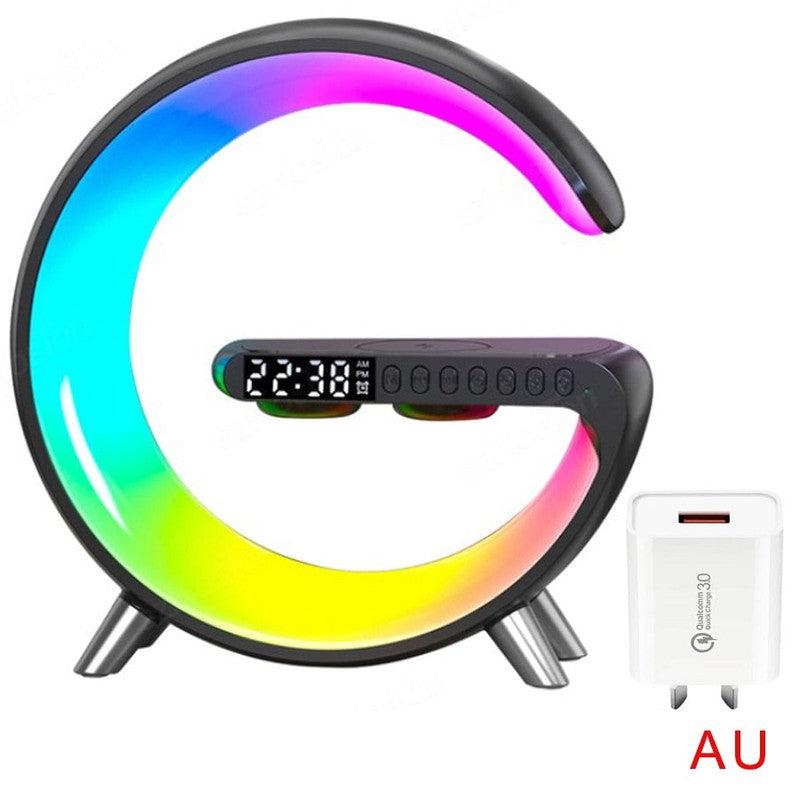 Smart Multi-Purpose Device with Alarm Clock, Bluetooth Speaker, RGB Night Light, and Wireless Phone Charging Functions